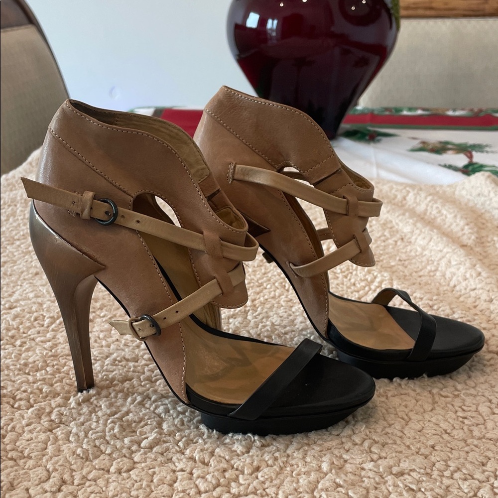 All Saints Spitalfields Platform Heels. Leather Strappy Two-tone with 5” heel.